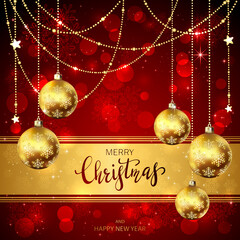 Golden Christmas Balls on Red Background with Snowflakes