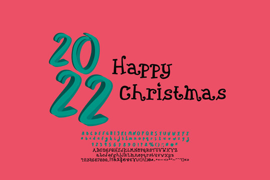Bright poster retro style Happy Christmas. Green numbers and curly letters black color on red background. Originals hand drawn fonts