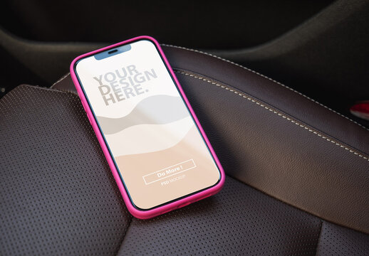 Smartphone Mockup in Pink Phone Case in Modern Car Vehicle Interior
