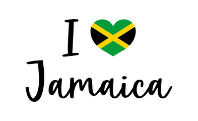 I love jamaica. illustration with flag in heart and font. Logo for welcome, travel and patriotism. Sticker for music festival and party. Vcetor - obrazy, fototapety, plakaty