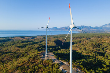 Carbon neutral and Renewable Energy wind farm Wind Turbines. Green and renewable power concept