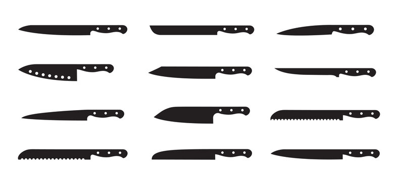 Kitchen knives. Knife for butcher. Set of sharp knives for barbecue, cheese, meat, bread, fish, vegetable and steak. Cutlery for dining, chef , restaurant. Blade with handle. Different icons. Vector.