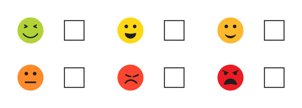 Survey scale of customer satisfaction. Feedback service with box for mark. Icon for rate and check. Good or bad opinion from customers. Poll for scale of quality and happy. Vector