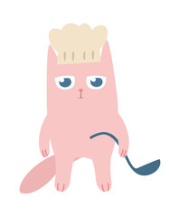 Pink cat in chef hat with ladle. Funny character in doodle flat style