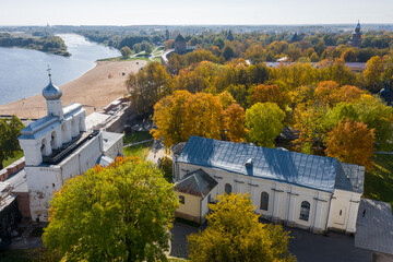 Panoramic aerial view of the Kremlin in Veliky Novgorod, golden autumn in the city, yellow...