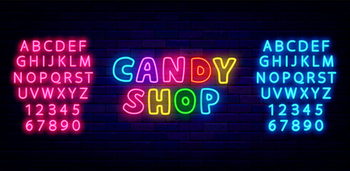 Candy shop colorful neon text. Sweet bar label with alphabet. Logo on brick wall. Isolated vector illustration