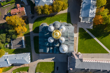 Panoramic aerial view of the Kremlin in Veliky Novgorod, golden autumn in the city, yellow...