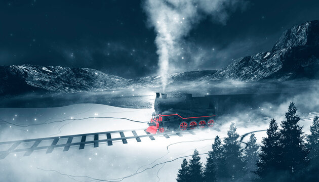 Night fantasy forest landscape with train. Night polar express train. Cold night landscape, smoke, smog, fog on the railroad. 3D illustration. 