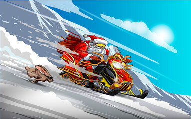Santa Claus on a snowmobile and rabbit. Snow racing. Happy new year. Merry Christmas.