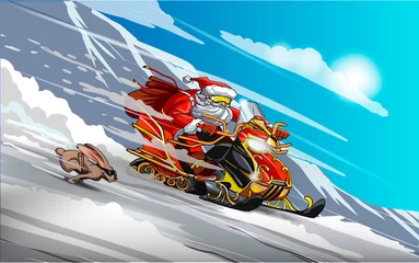Fotobehang Santa Claus on a snowmobile and rabbit. Snow racing. Happy new year. Merry Christmas. © Andrey