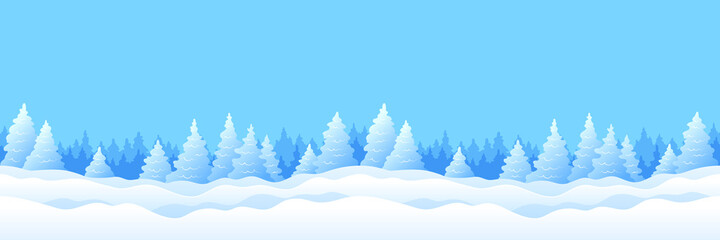 Winter background with snowy fir trees, seamless horizontal pattern