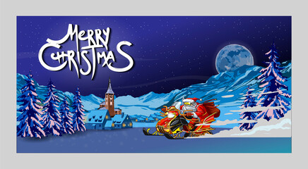 Santa Claus on the snowmobile. Merry Christmas text. Christmas trees and night landscape with winter city.