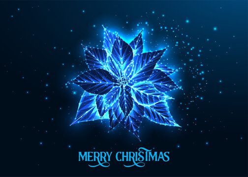 Glowing Christmas digital greeting card template with poinsettia flower and text on dark blue