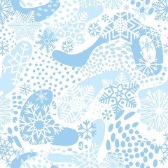 Snow seamless pattern. Artistic winter background with dots and snowflakes. Seasonal drawn texture. Winter holiday backdrop. Christmas collection.