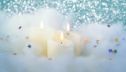 Christmas burning candles on fluffy white snow on a shiny background. Candle scene, candles with Christmas decor.