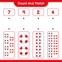 Count and match, count the number of Lifebuoy and match with the right numbers. Educational children game, printable worksheet, vector illustration