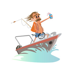 funny cartoon illustration of a fisherman in a boat