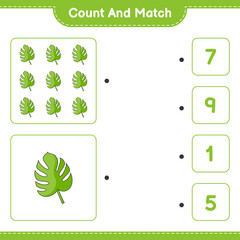 Count and match, count the number of Monstera and match with the right numbers. Educational children game, printable worksheet, vector illustration