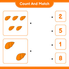 Count and match, count the number of Sea Shells and match with the right numbers. Educational children game, printable worksheet, vector illustration
