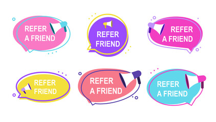 Referral program labels. Vector illustration in flat design. Multicolored icons with black strokes isolated on white backdrop