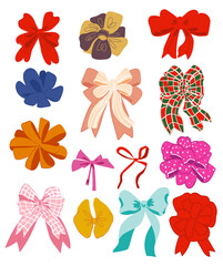 Fototapeta na wymiar Colorful gift bows with ribbons vector set. Isolated on white background. Flat style illustration.