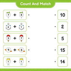 Count and match, count the number of Hat, Cocktail, Pinwheels, Anchor, Ice Cream and match with the right numbers. Educational children game, printable worksheet, vector illustration