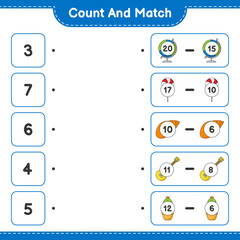 Count and match, count the number of Sea Shells, Ukulele, Cactus, Globe, Candy and match with the right numbers. Educational children game, printable worksheet, vector illustration