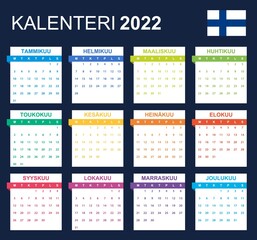 Finnish Calendar for 2022. Scheduler, agenda or diary template. Week starts on Monday