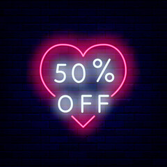Sale neon emblem in heart. Happy Valentines Day. Outer glowing effect banner. Isolated vector stock illustration