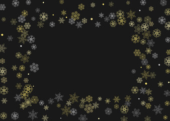 Glitter snowflakes frame on black horizontal background. Shiny Christmas and New Year frame for gift certificate, ads, banners, flyers. Falling snow with golden glitter snowflakes for party invite