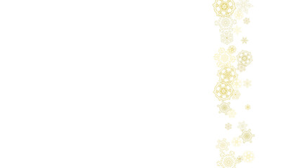 Glitter snowflakes frame on white horizontal background. Shiny Christmas and New Year frame for gift certificate, ads, banners, flyers. Falling snow with golden glitter snowflakes for party invite