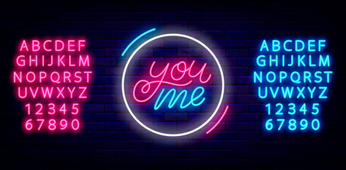 You me neon lettering. Happy Valentines Day concept. Outer glowing effect banner. Isolated vector illustration