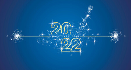 Fototapeta na wymiar Happy New Year 2022 eve line design loading sparkle firework champagne open golden white blue vector wallpaper greeting card