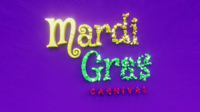 Mardi Gras carnival text inscription, fat tuesday festival and New Orleans masquerade holiday concept, purple green decorative animated lettering, 3d render of festive greeting card motion background