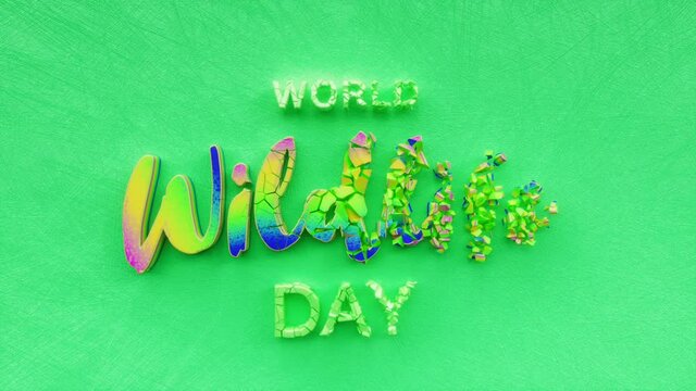 World Wildlife Day text inscription, save animals and wild life, protect Earth planet holiday concept, eco green decorative animated lettering, 3d render of festive greeting card motion background