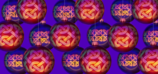 Merry Christmas card with hanging balls with celtic pattern. Luxury background for Christmas banner, flyers, cards or poster. 3D render. Isolated on purple. Night party. Happy New Year!