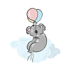 Cute sketch hand drawn color pencil gray koala with color balloons illustration. Bright cartoon childish funny animal for kids print design, textile decoration, greeting cards, print, stickers, logo