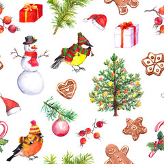 Christmas seamless pattern - winter birds, gingerbread cookies, snowman, gift box, candy cane, christmas tree branches, mistletoe. Watercolor for New Year, xmas repeated background