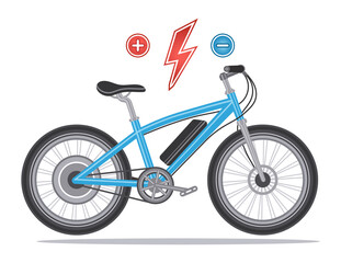 Fototapeta premium Electric bike with electrical motor wheel. E-bike, hybrid bicycle with electro power engine, pedal assist system, energy accumulator battery. Speed street two wheeled transport, ecologic ride. Vector