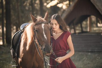 Portrait of a smiling young woman hugging her brown horse. A girl in a dress is standing near a horse. The concept of friendship between people and pets.