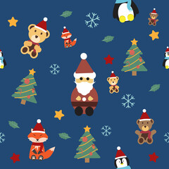 Fototapeta na wymiar Santa with animal wearing Santa hat seamless cute pattern in Christmas theme