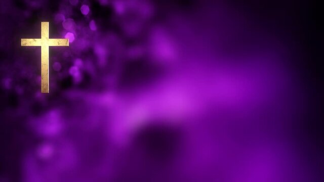 Christian Cross on liturgical purple horizontal copy space background loop. 3D animation for online worship and social media greetings illustrating Advent, Lent seasons, and wealth, power, and royalty