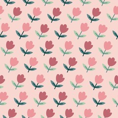 Seamless vector floral pattern in cartoon style. Buds, leaves on pink background. Abstract modern trendy vector illustration.