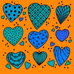 Green blue hearts with patterns on an orange background. Set of isolated hearts for Valentine's Day. Festive background. Collection of elements for festive design and creative ideas.