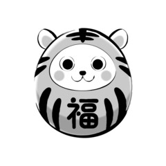 かわいい寅の招福ダルマ和風1（モノクロ）