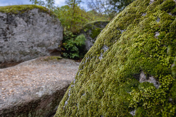 Mossy rock in Beglik Tash - ancient Thracian remains of rock sanctuary, Bulgaria