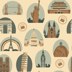 Vector seamless pattern on a theme of world tourism with architectural landmarks. Repeating background in retro style with various world sights. Suitable for wallpaper, wrapping paper, fabric © paseven
