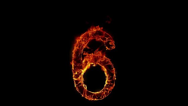 Super Slow Motion Shot of Burning Number 6 Isolated on Black Background at 1000 fps.