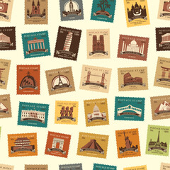 Vector seamless pattern with colored postage stamps with landmarks from various countries. A repeating retro-style background on the theme of travel. Suitable for wallpaper, wrapping paper, fabric