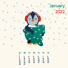 Calendar with animals. The annual planner for 2022 for January. A good organizer and schedule with a cute penguin. Cartoon animal, days and weeks. Vector illustration